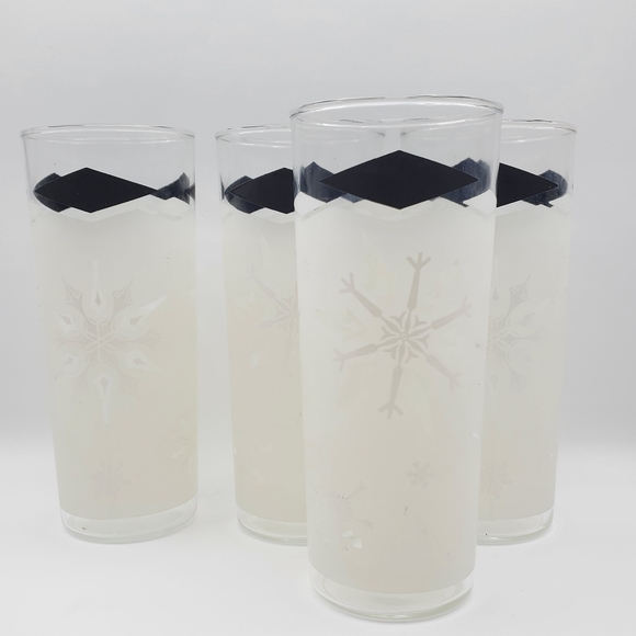 Anchor Hocking Frosted Snowflake Tall Glasses Tumblers Atomic MCM Black Diamonds - Picture 6 of 6